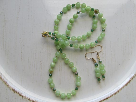 Natural Green Calcite Necklace And Earrings, Mother's Day, Easter, Grade Aaa