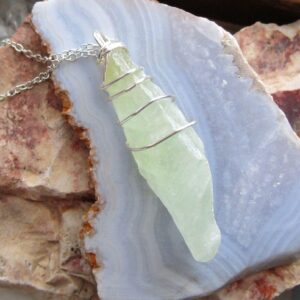 Natural Green Calcite Raw Gemstone Wire Wrapped Pendant Necklace