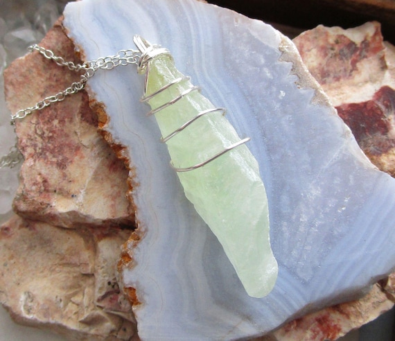 Natural Green Calcite Raw Gemstone Wire Wrapped Pendant Necklace