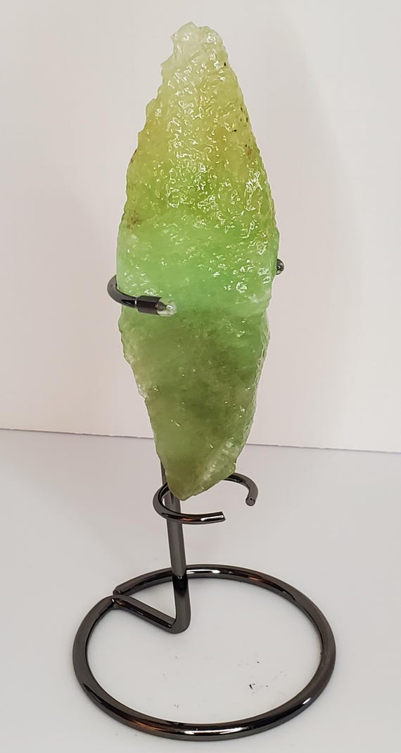 Natural Green Calcite Wand Display Specimen • 239g 6x2inches. Raw Apple-green Crystal Tower On Stand • Heart Energy Stone For Renewal & Calm