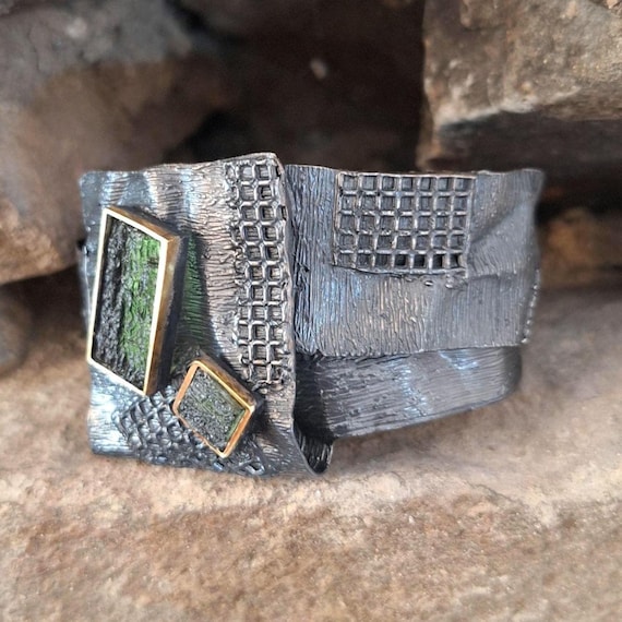 Natural Moldavite Bracelet / Brutalist Tektite Bracelet /