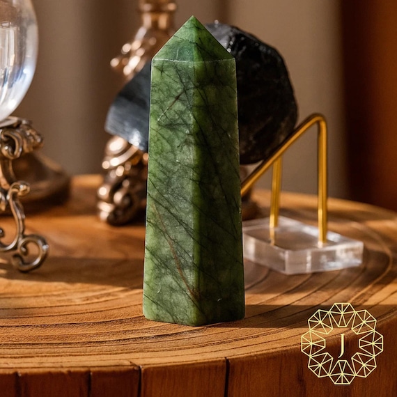 Natural Nephrite Jade Tower Point, Green Gemstone Obelisk, Polished Crystal Wand, Mineral Specimen, Heart Chakra, Home Decor Collection Gift