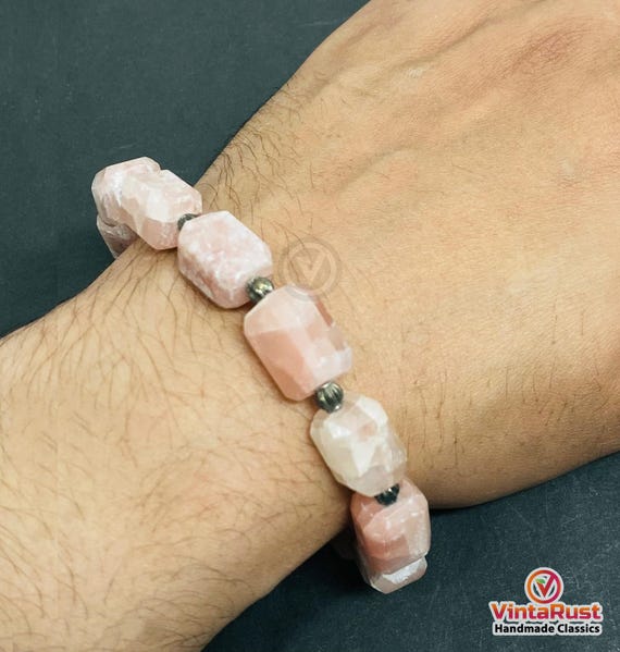 Natural Pink Calcite Beaded Bracelet | Chunky Rose Calcite Gemstone Jewelry
