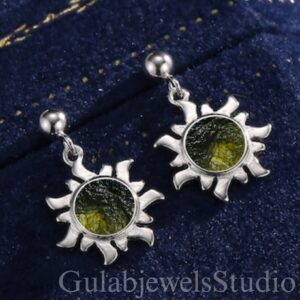 Raw Moldavite Sun Stud Earrings, Sterling Silver, Boho Dangle