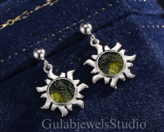 Raw Moldavite Sun Stud Earrings, Sterling Silver, Boho Dangle