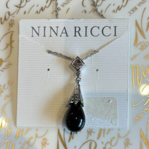 Nina Ricci, Pendant, Rhodium plated. Jet Cabochon w handset Swarovski crystals, Designer, vintage, new