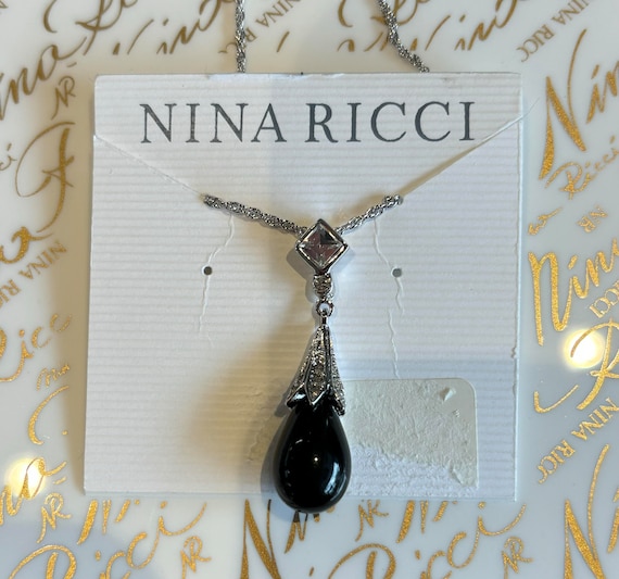 Nina Ricci, Pendant, Rhodium Plated. Jet Cabochon W Handset Swarovski Crystals, Designer, Vintage, New