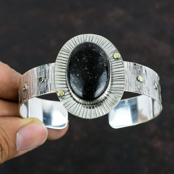 Nuummite Cuff Bracelet: 925 Sterling Silver, Adjustable Gemstone Bangle