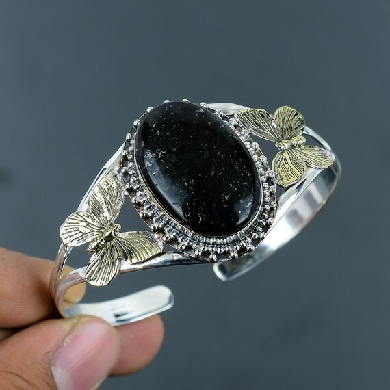 Handmade Nuummite Cuff: 925 Sterling Silver Adjustable Butterfly Bangle Handmade Nuummite Cuff: 925 Sterling Silver Adjustable Butterfly Bangle
