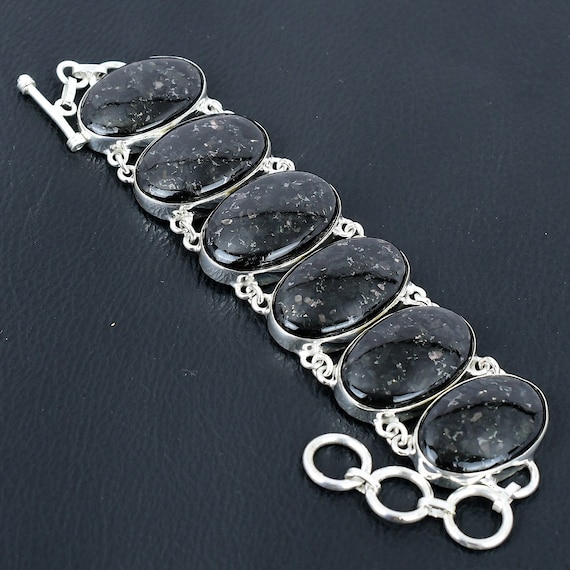 Handmade Nuummite Gemstone Bracelet: 925 Sterling Silver Adjustable Chain