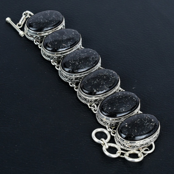 Handmade Nuummite Gemstone Bracelet: Vintage 925 Sterling Silver, Adjustable