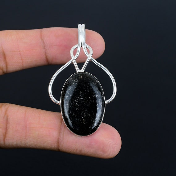 Handmade Nuummite Gemstone Pendant: Antique Sterling Silver Jewelry