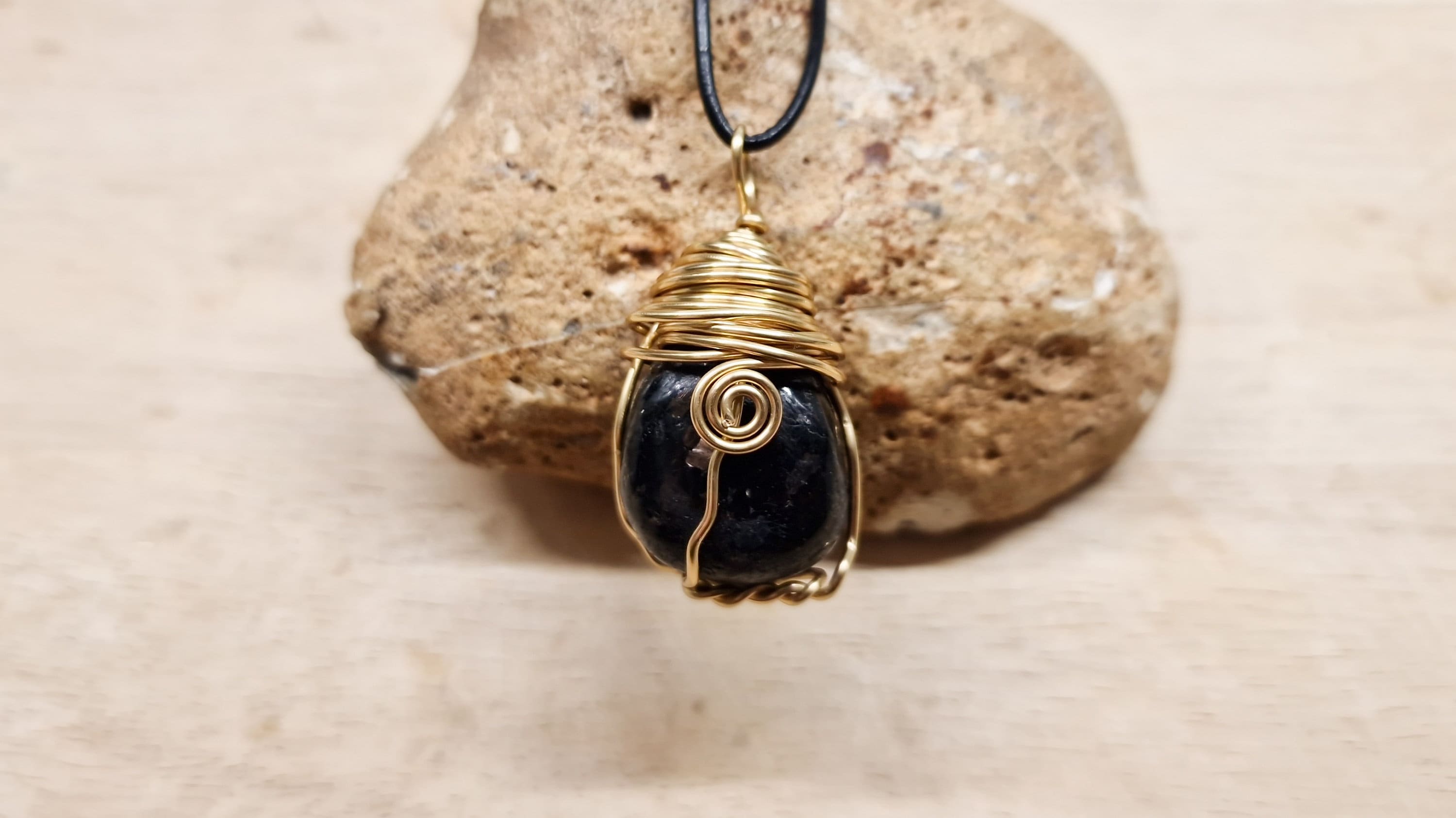 Rare Nuummite Pendant. Black 'sorcerers Stone'. Nuumite Brass Wire Wrapped Reiki Jewelry Uk.