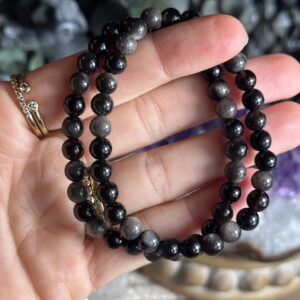 6mm Silver Sheen Obsidian Crystal Beaded Bracelet