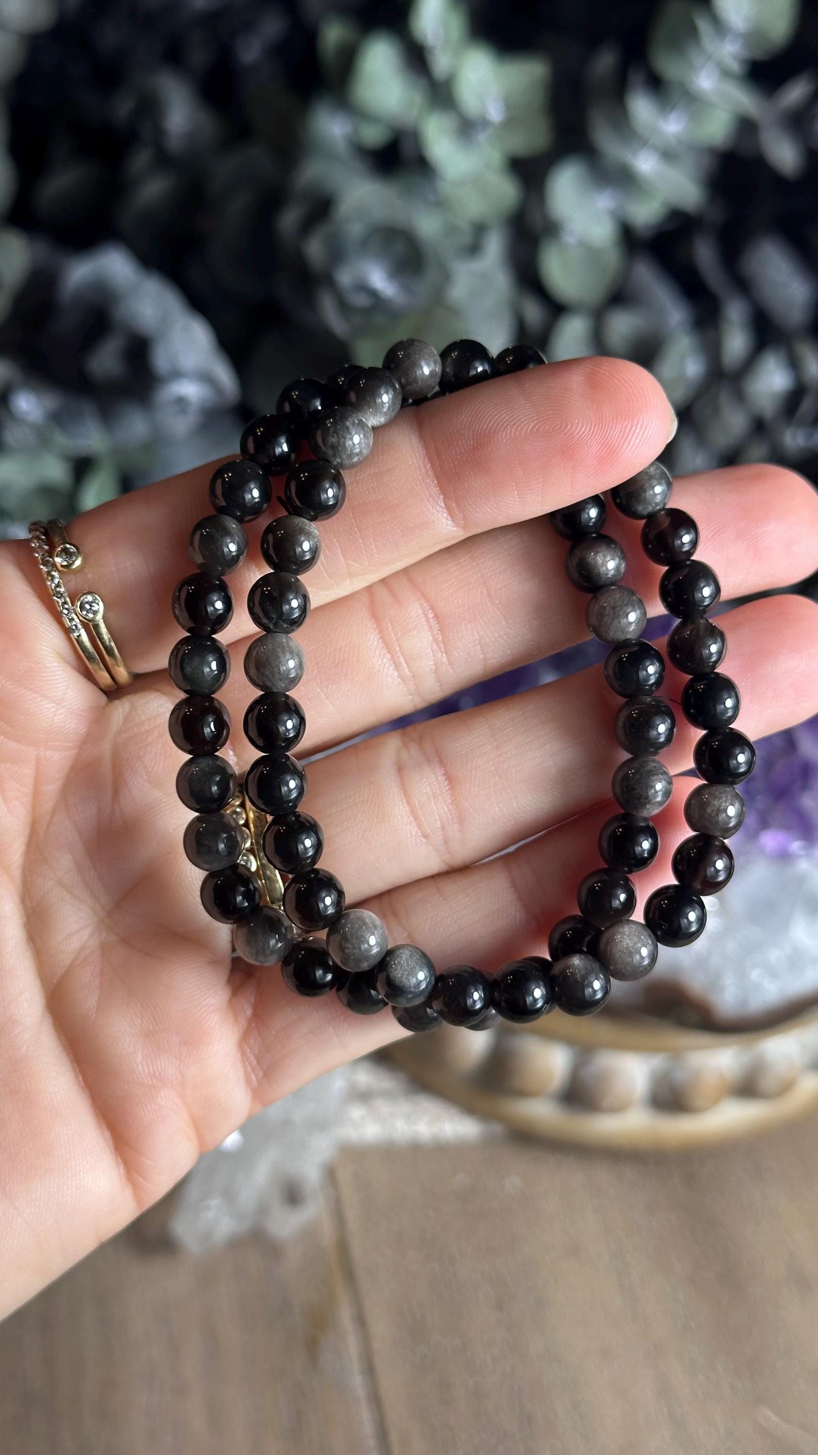 6mm Silver Sheen Obsidian Crystal Beaded Bracelet