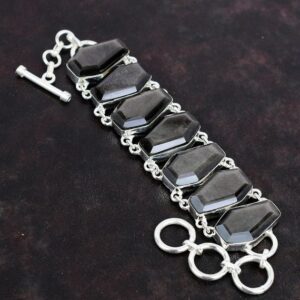 Faceted Silver Sheen Obsidian Bracelet: 925 Sterling Silver Adjustable Chain