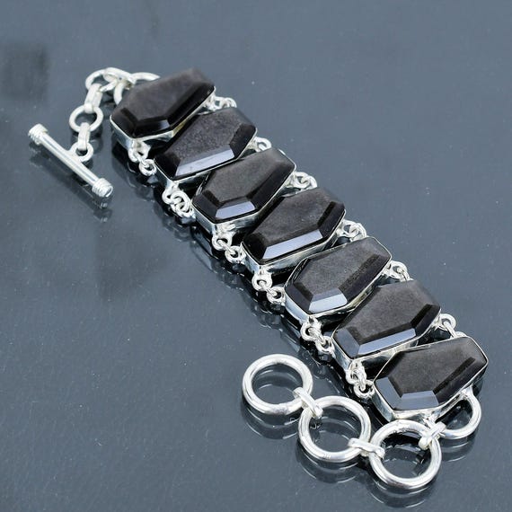 Faceted Silver Sheen Obsidian Bracelet: Handmade 925 Sterling Silver Adjustable Chain