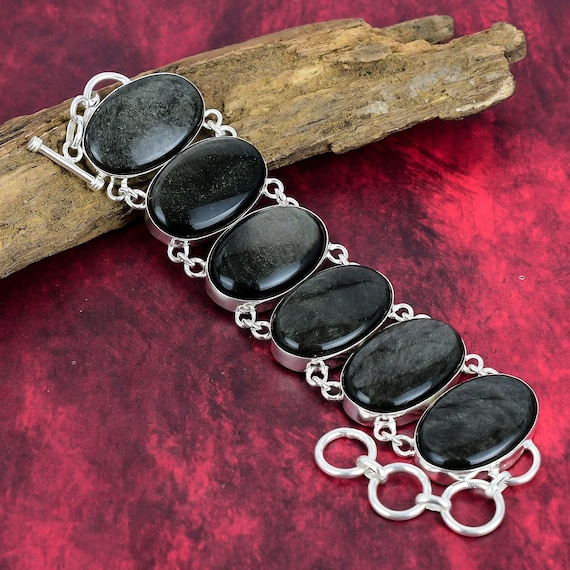 Golden Sheen Obsidian Bracelet, 925 Sterling Silver , Adjustable Chain Bracelet, Gemstone Bracelet, Handmade Jewelry, Birthday Party Gift