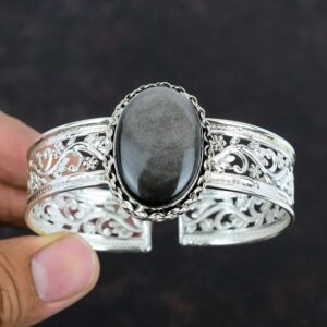 Handmade Silver Sheen Obsidian Cuff: 925 Sterling Silver Adjustable Bangle