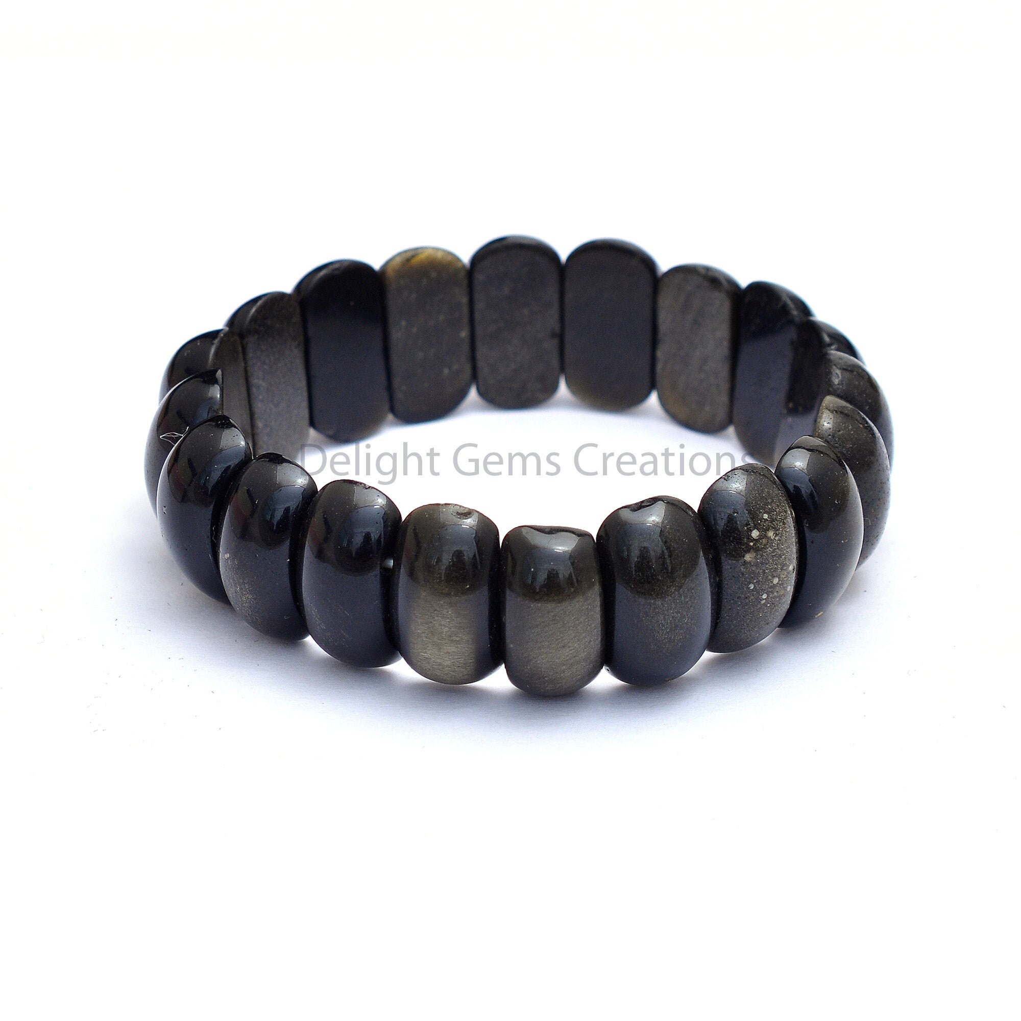 Natural Golden Black Obsidian Stretch Bracelet, 9x18mm Obsidian Smooth Cushion Bracelet, Gemstone Stacking Bracelet, Friendship Bracelet
