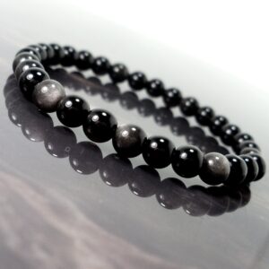 Silver sheen Obsidian Bracelet 6mm, Natural Gemstone Bracelet, Black Bracelet,  Women Men Bracelet, Crystal Beaded Bracelet + Gift Bag