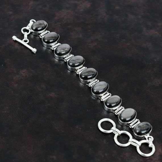 Silver Sheen Obsidian Bracelet: 925 Sterling Silver Adjustable Chain