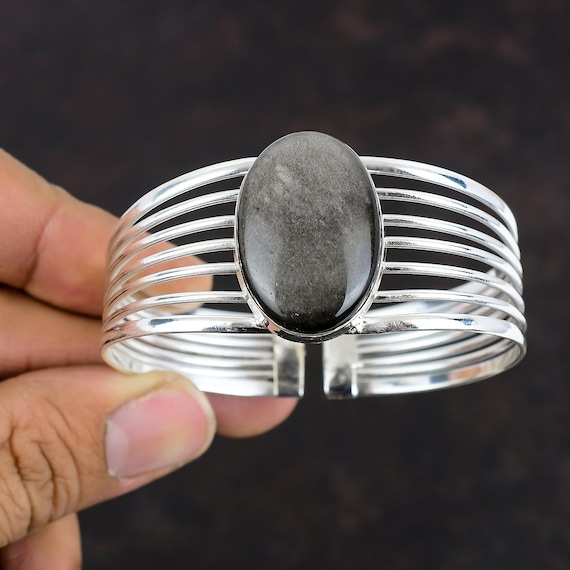 Silver Sheen Obsidian Bangle: Handmade 925 Sterling Silver Cuff