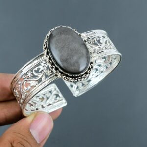Silver Sheen Obsidian Bangle: 925 Sterling Silver Adjustable Cuff