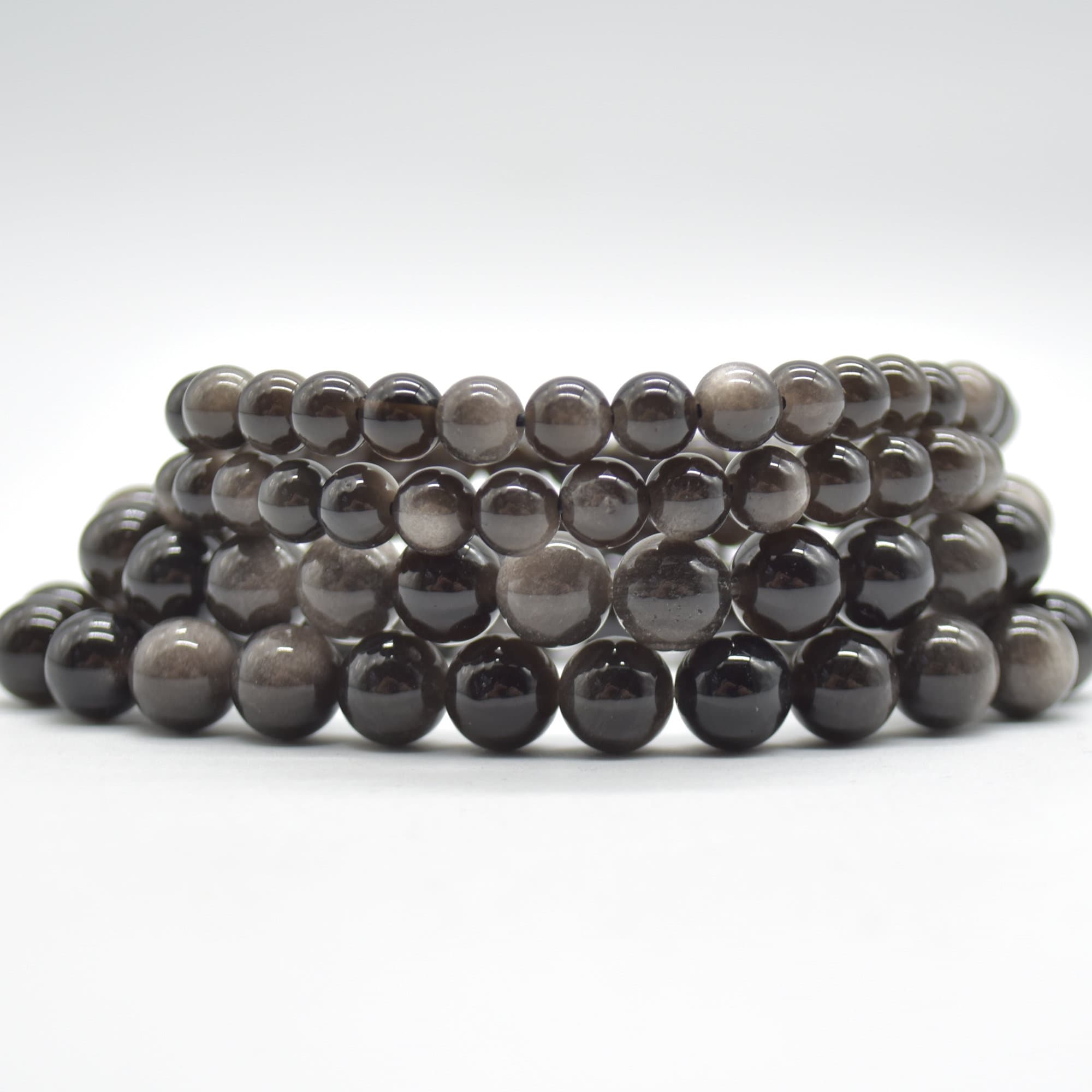 Silver Sheen Obsidian Gemstone Round Beads Bracelet Sample Strand - 6mm, 8mm Or 10mm Sizes - 7.5" Long