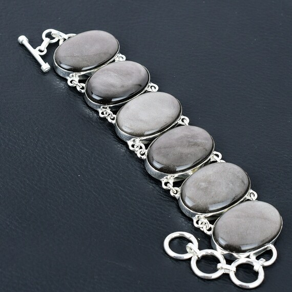 Silver Sheen Obsidian Bracelet: Handmade 925 Sterling Silver Adjustable Chain