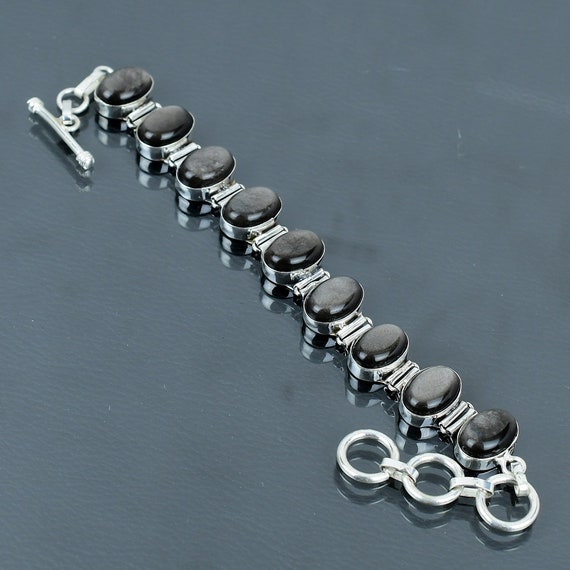 Silver Sheen Obsidian Bracelet: Handmade 925 Sterling Silver Adjustable Jewelry