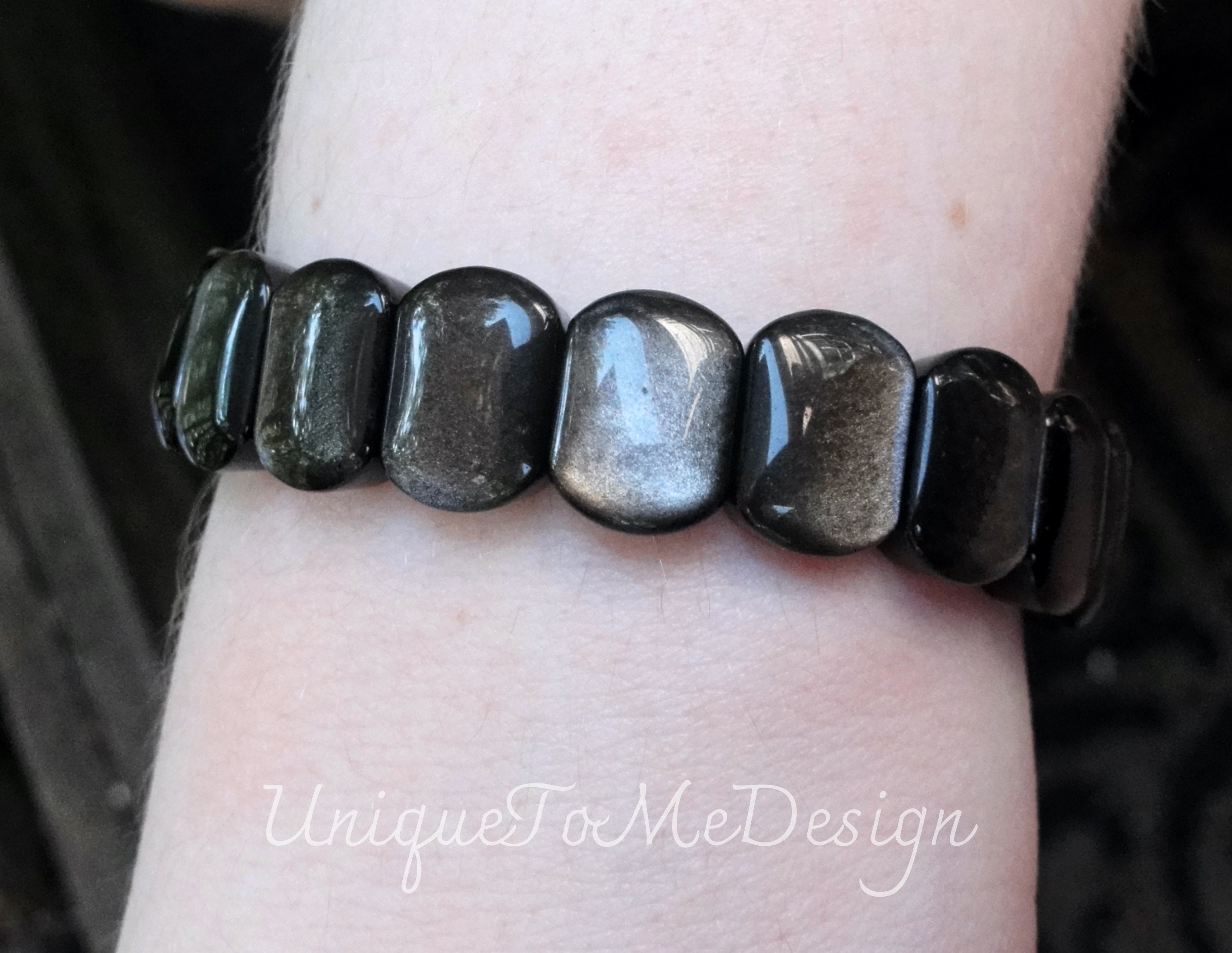 Silver Sheen Obsidian Stretch Bracelet, Natural Gemstone, Sheen Obsidian Goldstone 14mm Beaded Statement Bracelet, Chakra Obsidian Jewelry