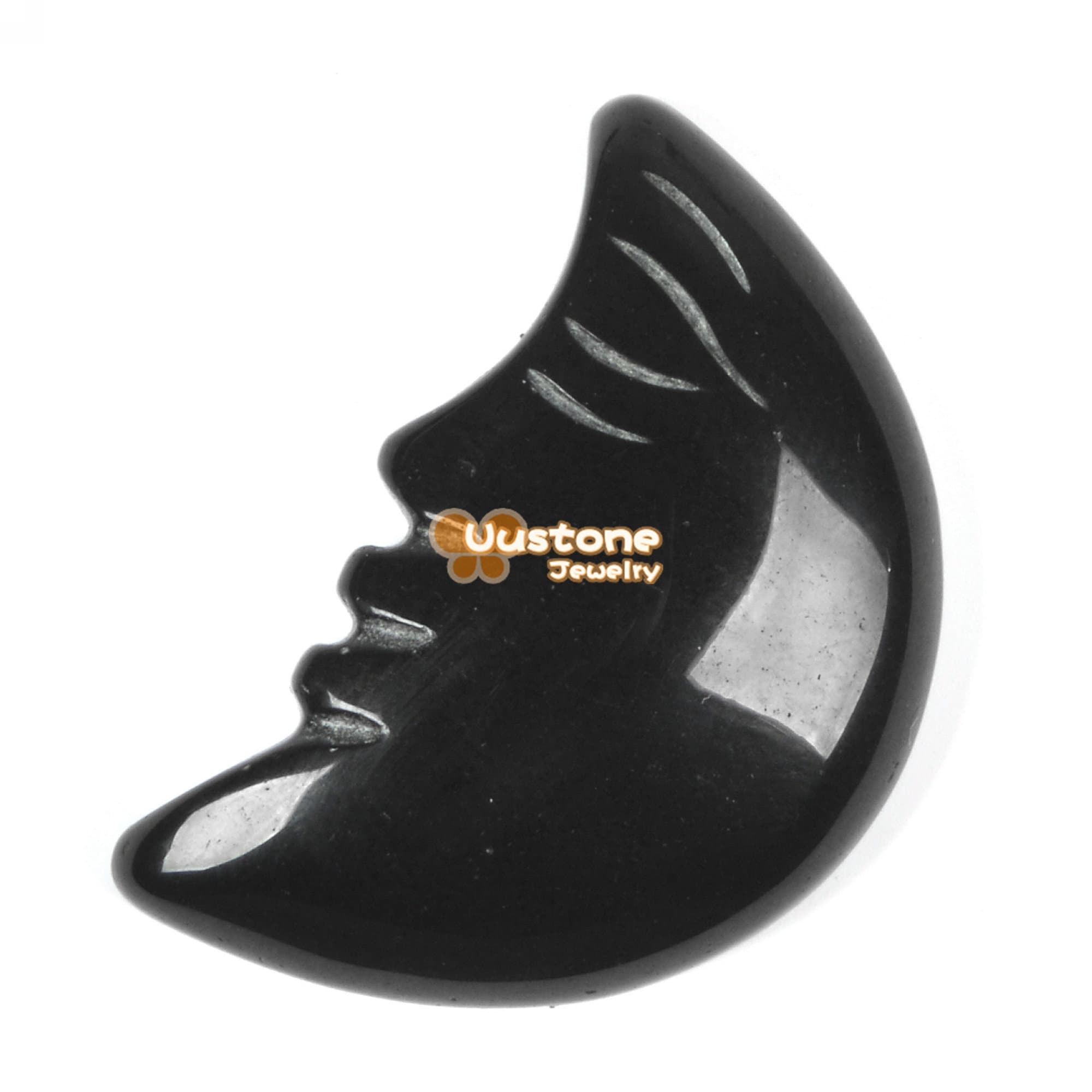35mm Carved Black Obsidian Moon Face Flatback Cab Cabochon Crystal Gemstones Hand Polished Bead