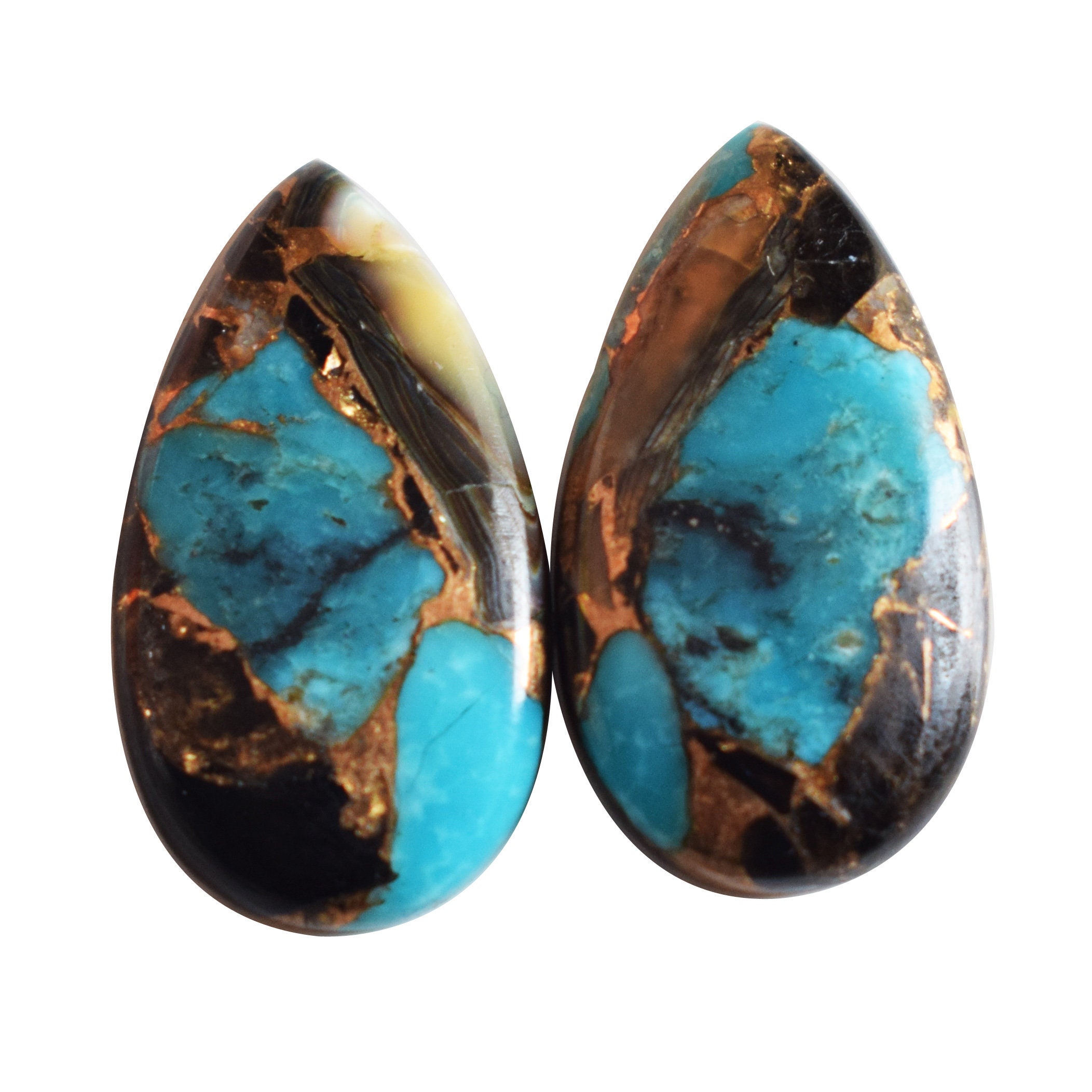 Natural Obsidian Copper Turquoise Pear Shape Matching Pair Cabochon Hand Polished Gemstone For Jewelry Making All Sizes Available