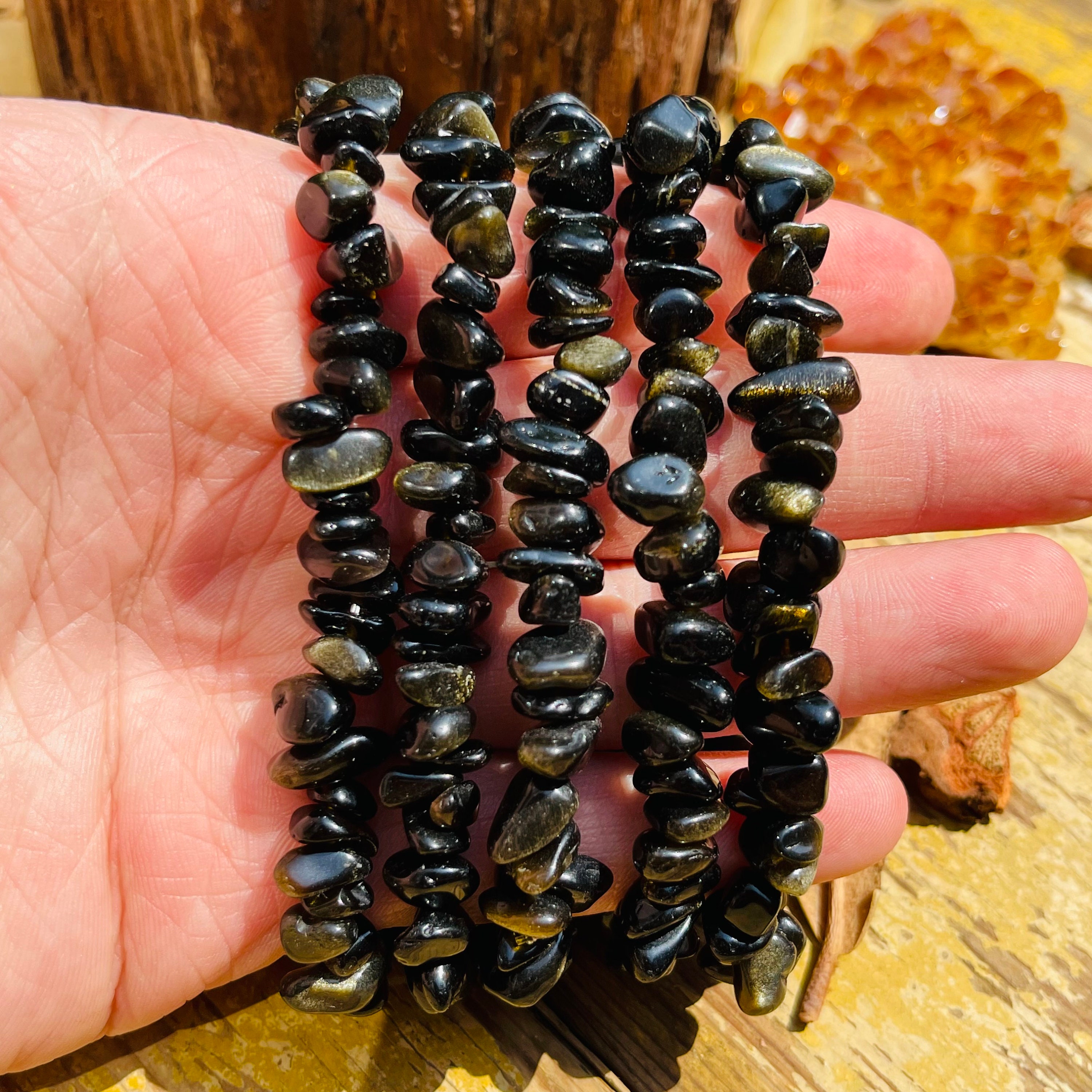 Natural Gold Obsidian Chip Bracelet,healing Braclet,stretchy Chip Beads Bracelet,chip Stretchy String Bracelet.7.5 Inches Bracelet.