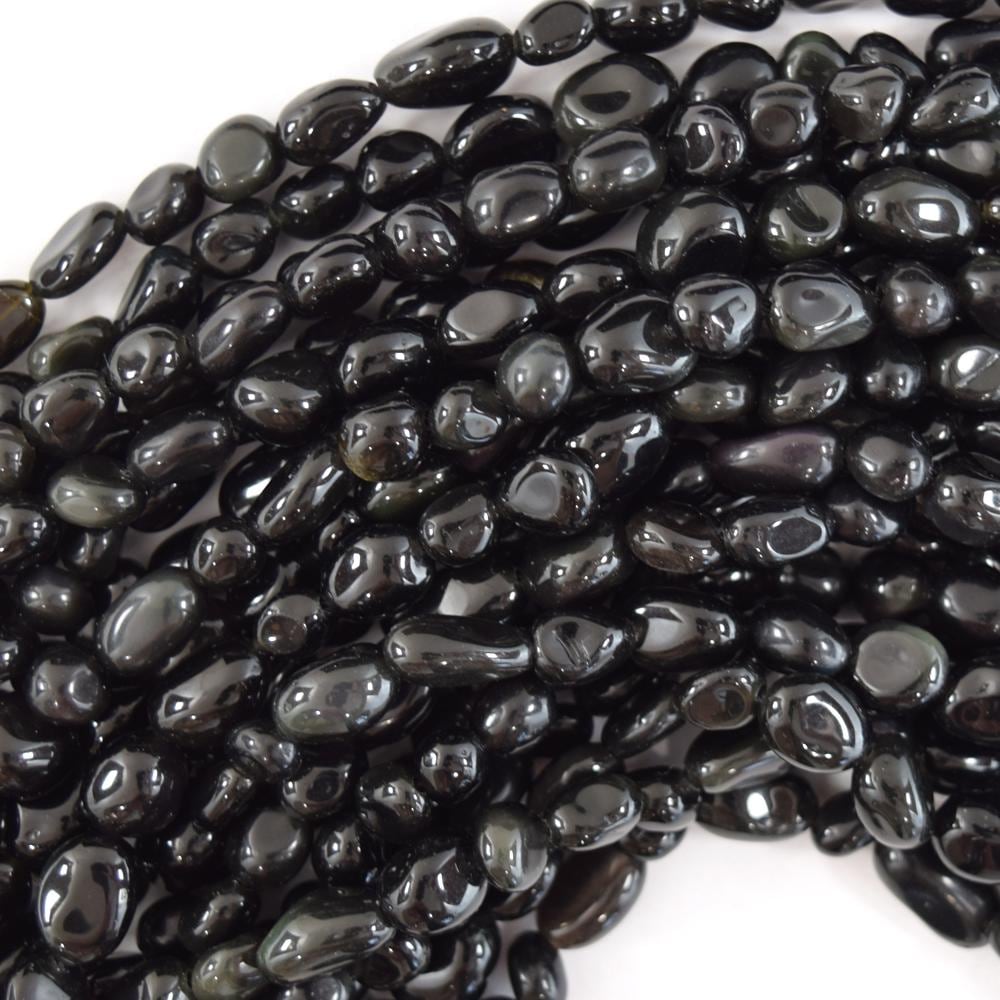 Natural Rainbow Black Obsidian Pebble Nugget 15.5" Strand 6mm - 8mm, 8mm - 10mm Natural Rainbow Black Obsidian Pebble Nugget 15.5" Strand 6mm - 8mm, 8mm - 10mm