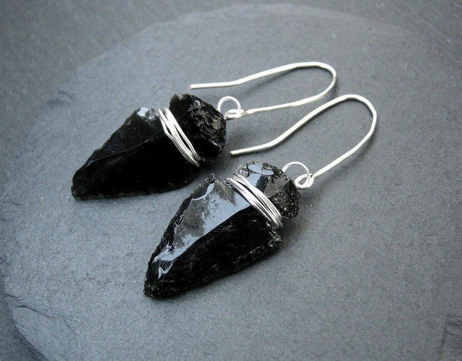 Obsidian Arrowhead Earrings, Drop Earrings, Protection Stone, Volcanic Dragon Glass, Boho Chic Jewelry Obsidian Arrowhead Earrings, Drop Earrings, Protection Stone, Volcanic Dragon Glass, Boho Chic Jewelry