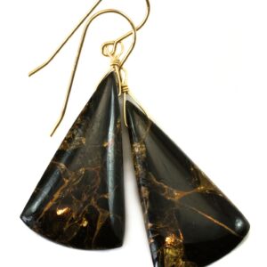 Black Copper Mosaic Obsidian Earrings Smooth Drops Sterling Silver or 14k Solid Gold or Filled Long Triangle Unique Contemporary Spyglass