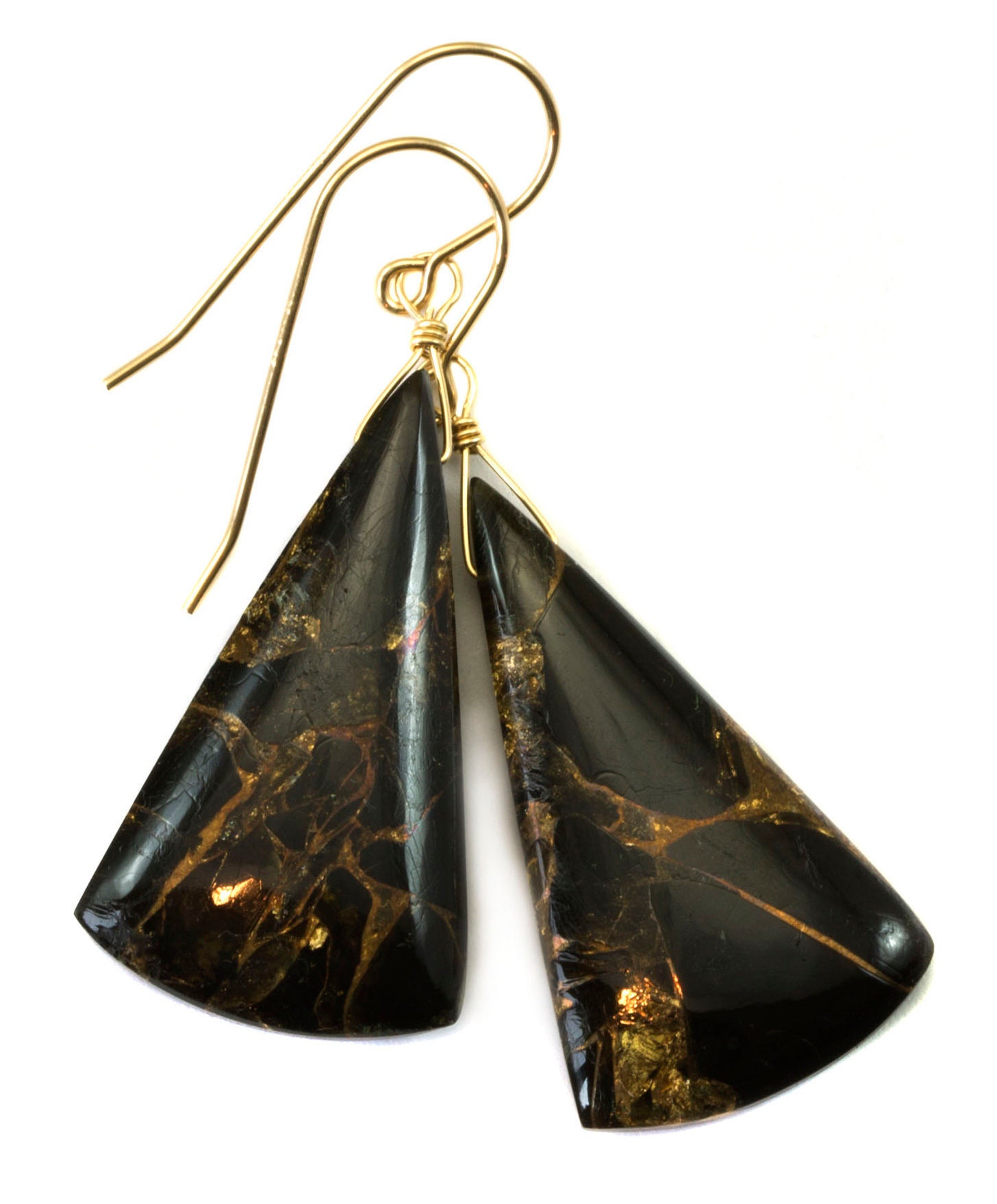 Black Copper Mosaic Obsidian Earrings Smooth Drops Sterling Silver Or 14k Solid Gold Or Filled Long Triangle Unique Contemporary Spyglass