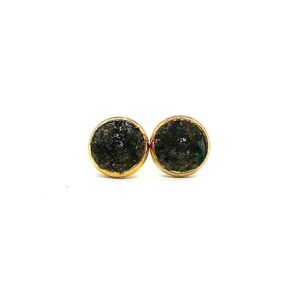 Black Obsidian Crushed Stone Gold Plated Stainless Steel 8mm Stud Earrings