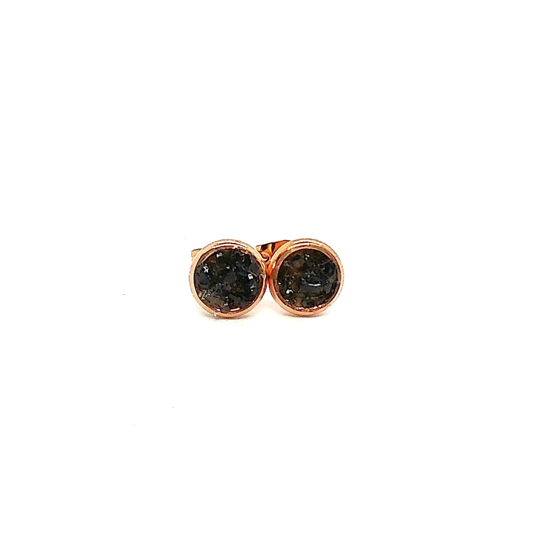 Black Obsidian Crushed Stone Rose Gold Plated Stainless Steel 6mm Stud Earrings