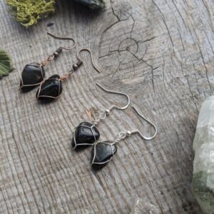 Black obsidian crystal earrings, solid copper obsidian earrings, sterling silver obsidian earrings, sheen obsidian earrings, natural obsidia