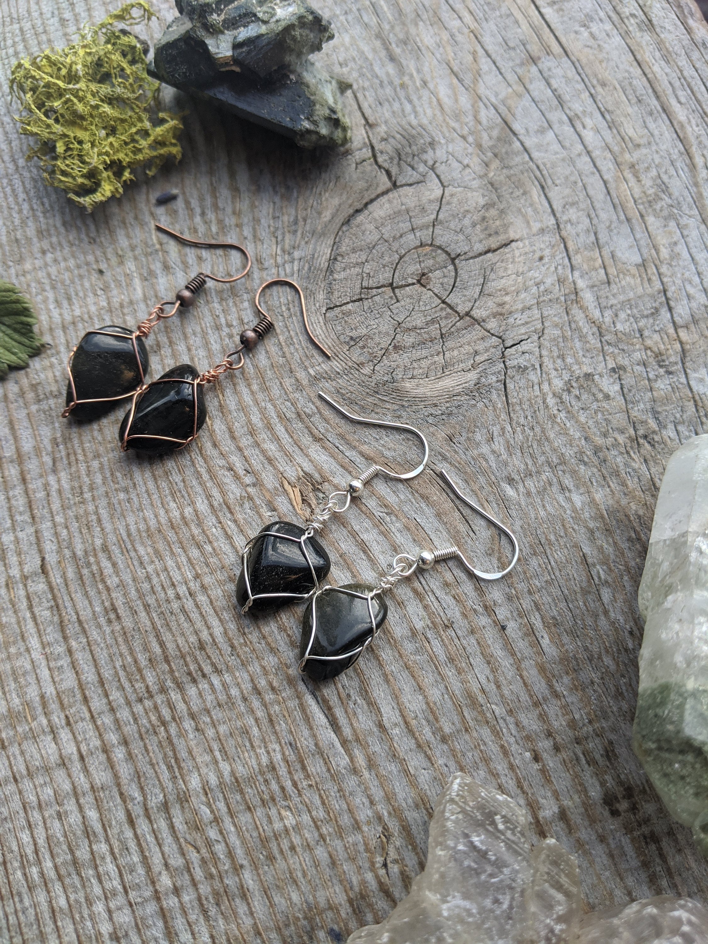 Black Obsidian Crystal Earrings, Solid Copper Obsidian Earrings, Sterling Silver Obsidian Earrings, Sheen Obsidian Earrings, Natural Obsidia