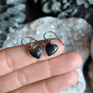 Black Obsidian Heart Dangle Earrings, .925 Sterling Silver