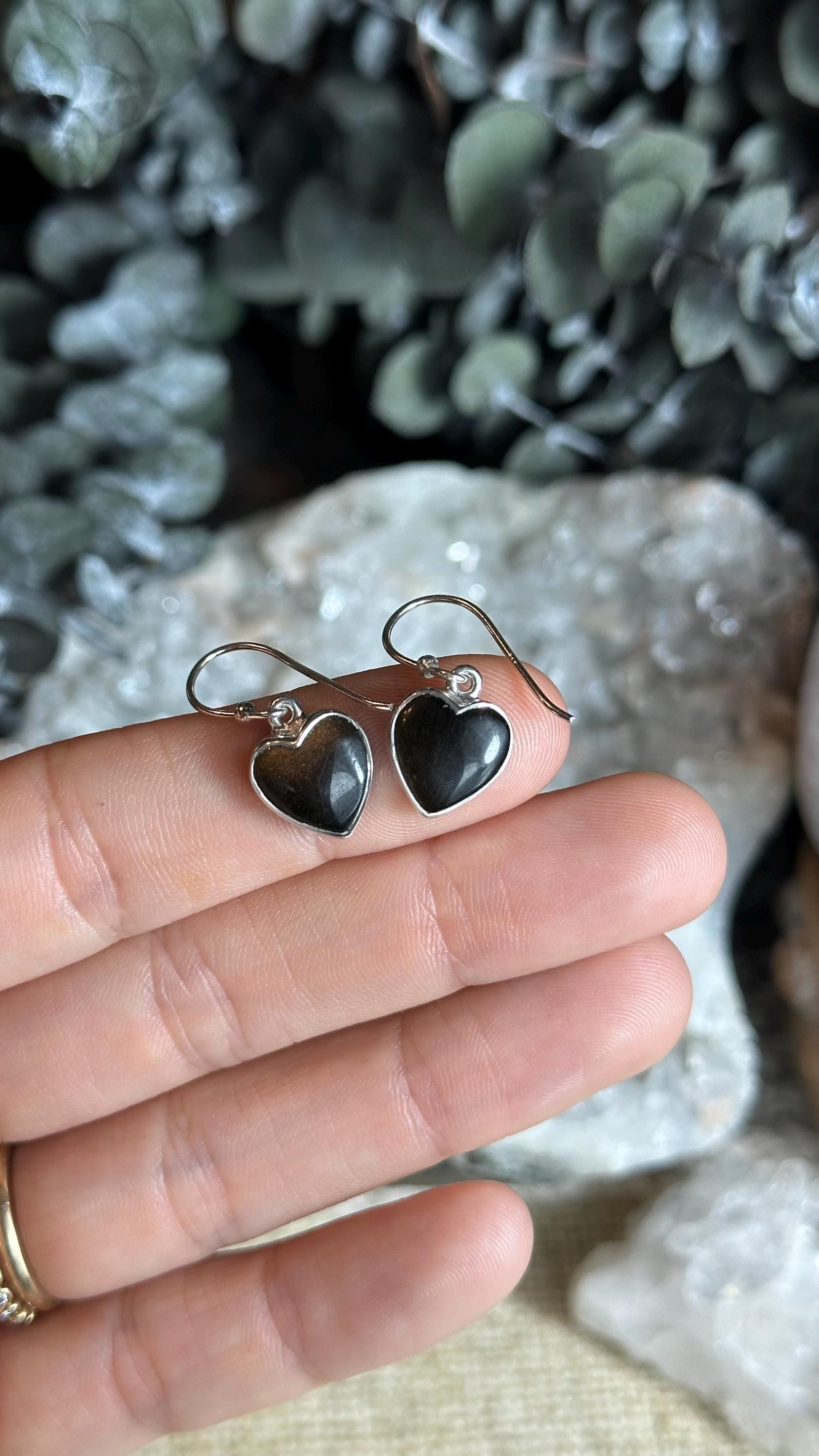 Black Obsidian Heart Dangle Earrings, .925 Sterling Silver