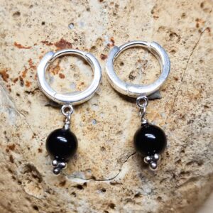 Black obsidian huggie hoop earrings. Sterling silver. Reiki jewelry uk. Minimalist earring. earrings for women