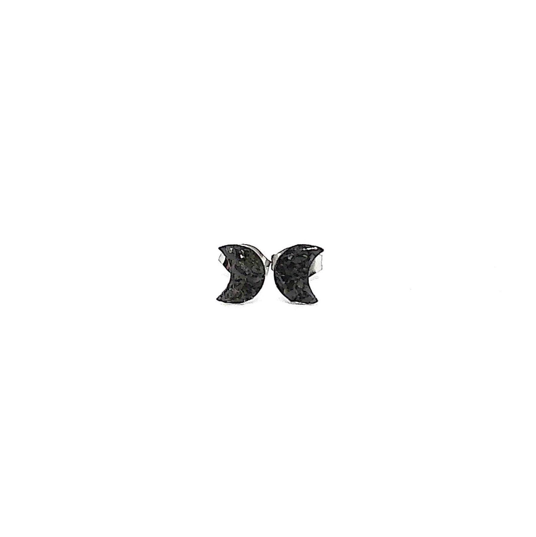 Crescent Moon Shaped Black Obsidian Crushed Stone Hypoallergenic Stainless Steel Stud Earrings