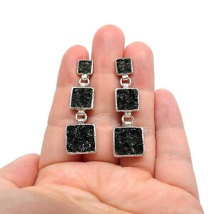 Crushed Obsidian Stone Graduated Square Dangle Fashion Earrings