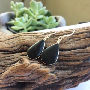 Obsidian Drops Silver Earrings, Black Obsidian Stone Earrings, Dangle Earrings, Long Black Stone Earrings, Sterling Silver, Teardrop Shape
