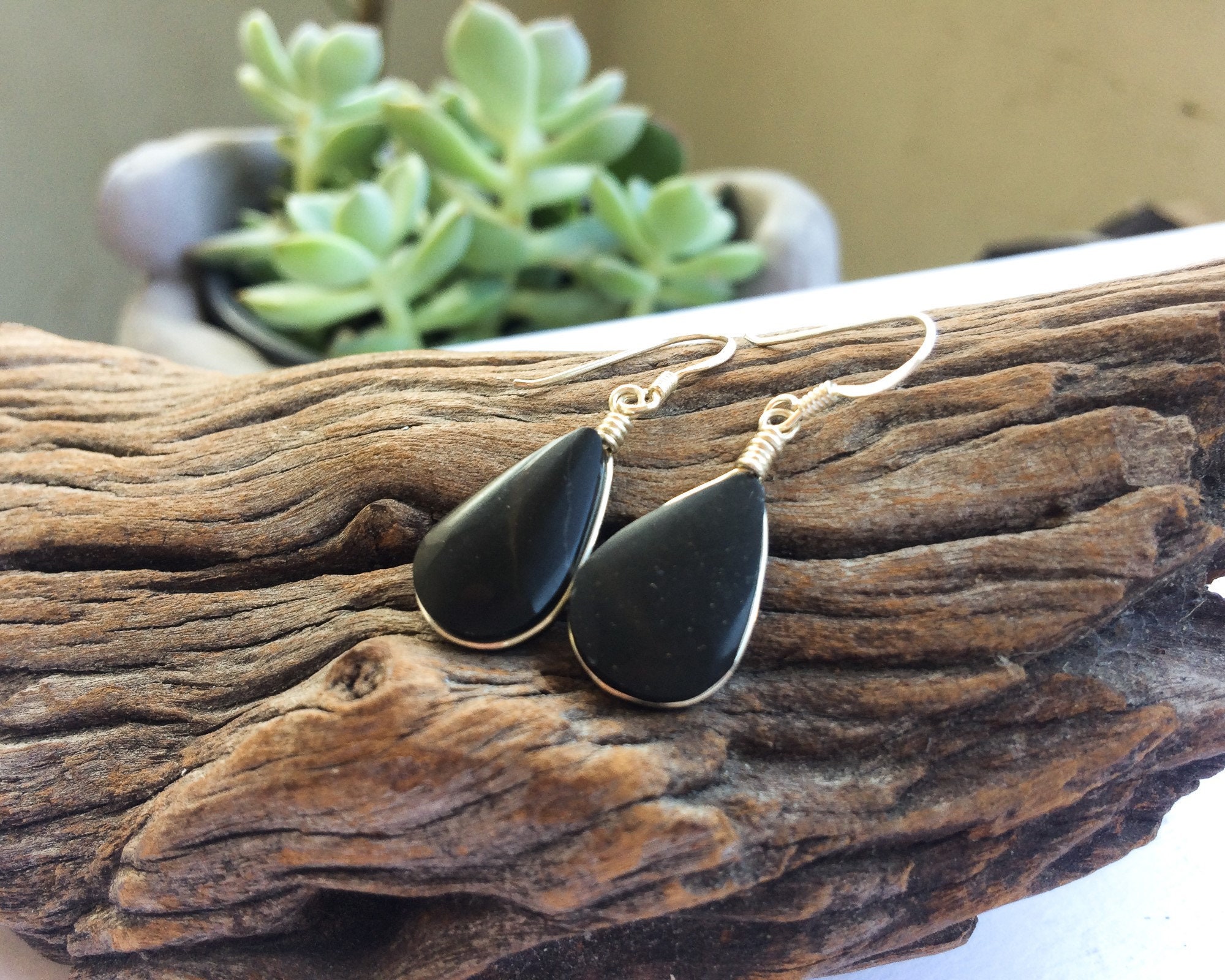 Obsidian Drops Silver Earrings, Black Obsidian Stone Earrings, Dangle Earrings, Long Black Stone Earrings, Sterling Silver, Teardrop Shape